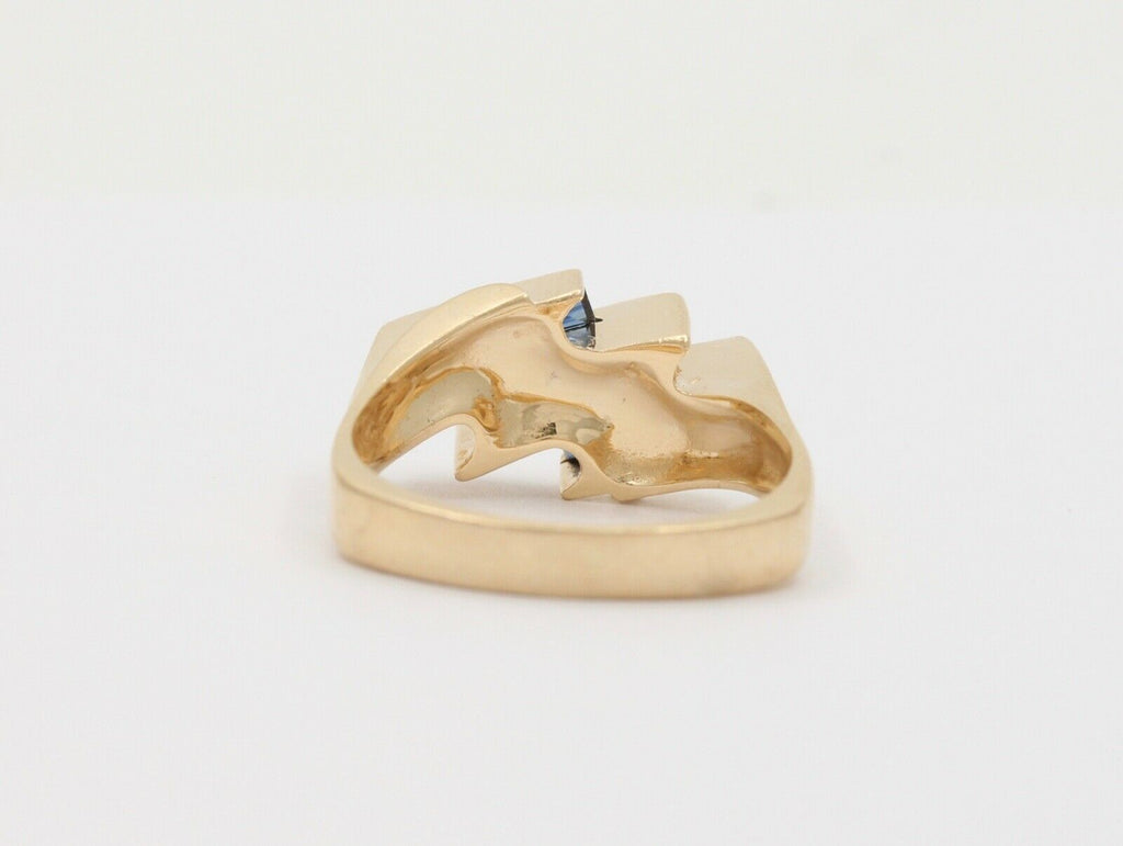 Vintage Geometric Bypass Diamonds Sapphires 14K Yellow Gold Ring