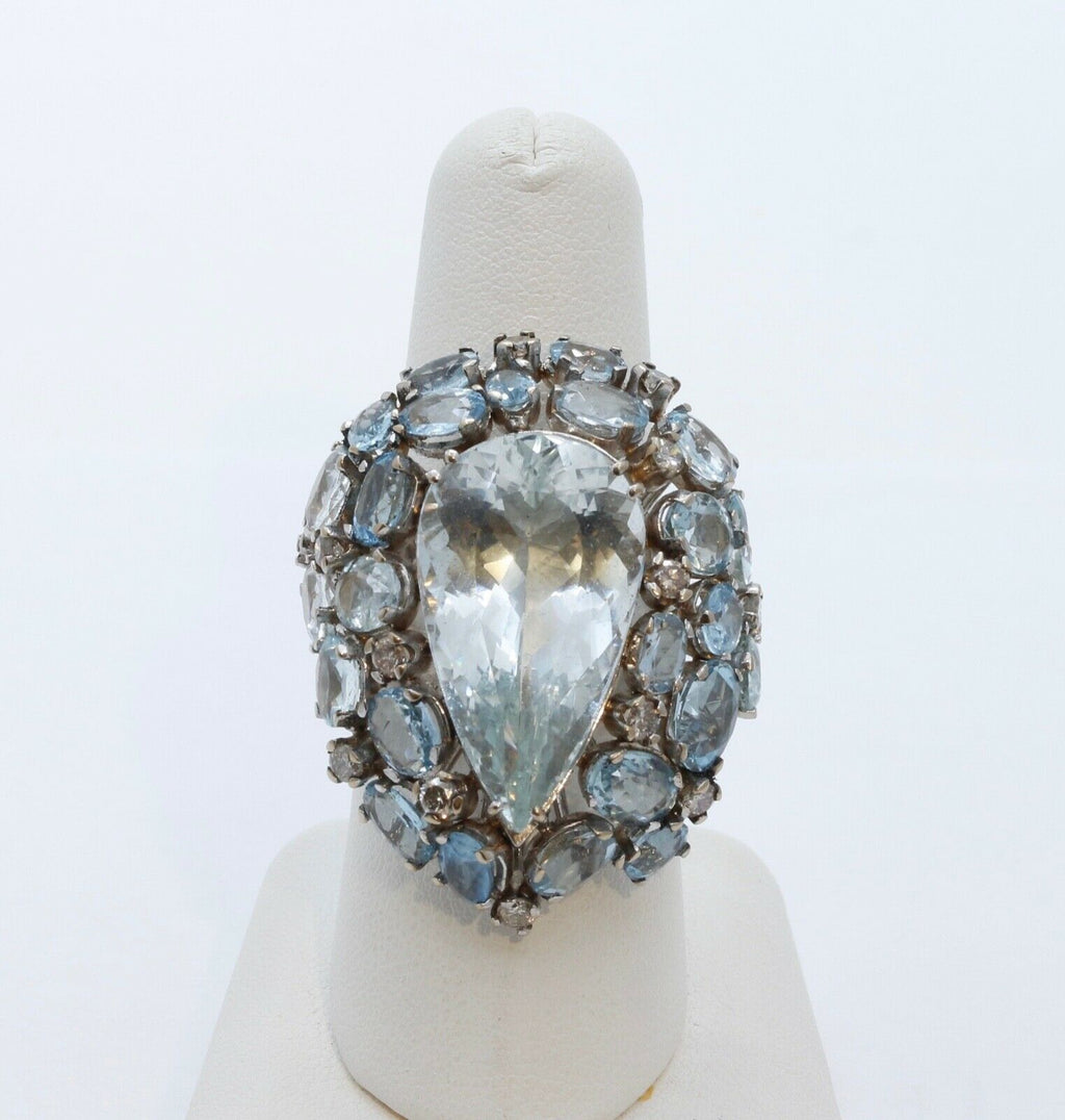 Large Aquamarine Diamonds 18K White Gold Statement Cocktail Ring