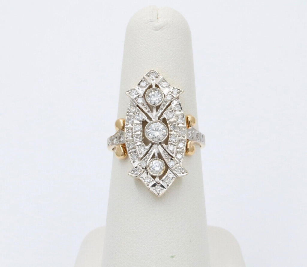Vintage Russian Navette Diamonds 18K Yellow White Gold Ring
