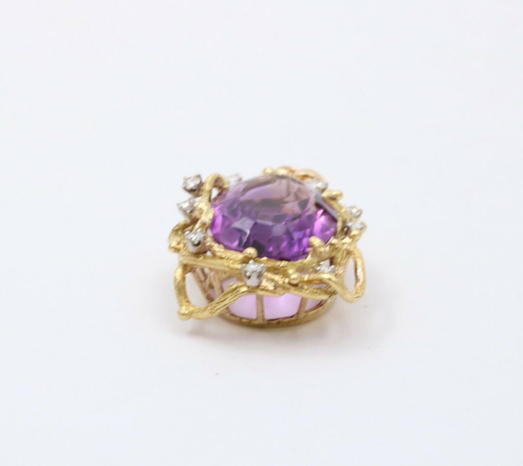 Beautiful Vintage Amethyst Diamonds 18K Yellow Gold Vines Pendant