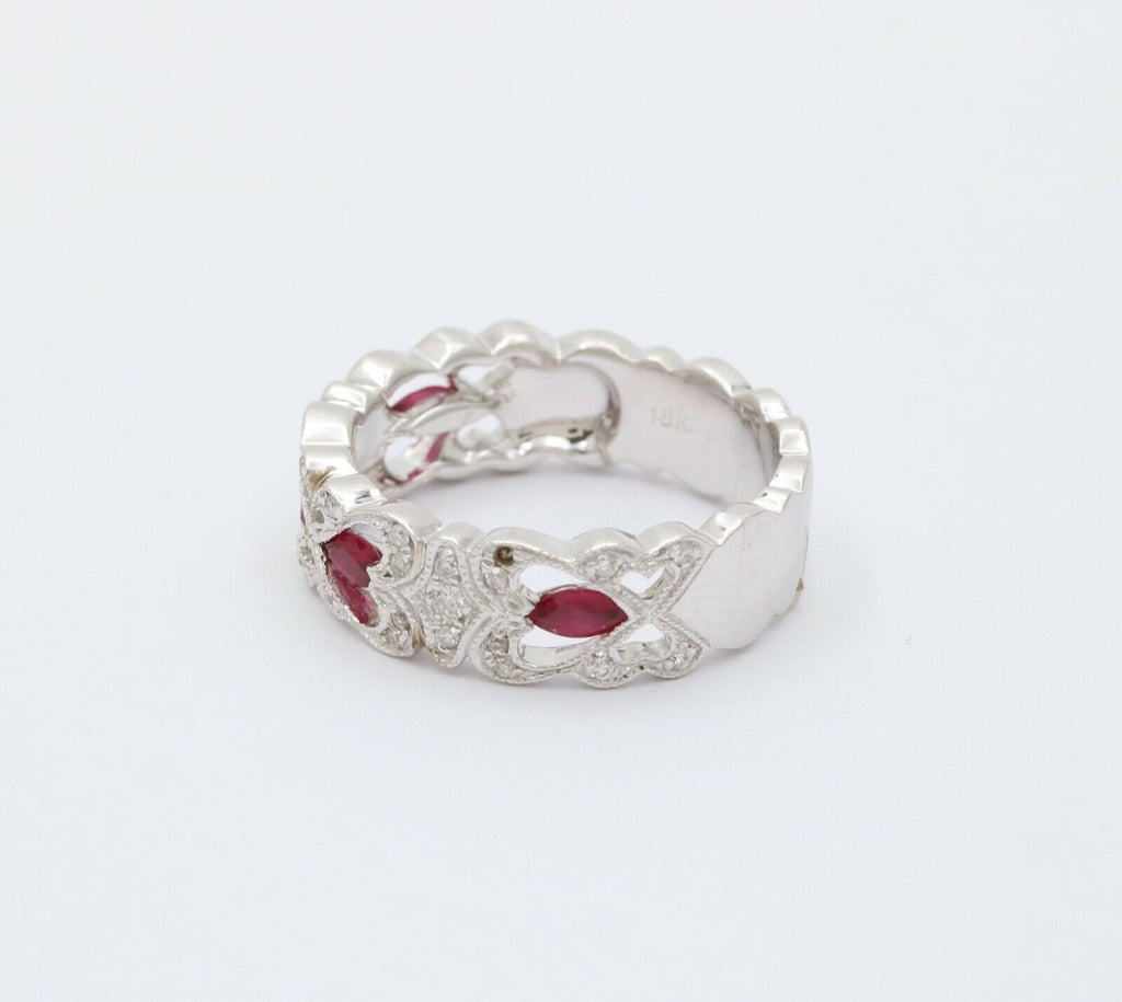 Vintage 18K White Gold Ruby & Diamond Half Eternity Heart Band Ring