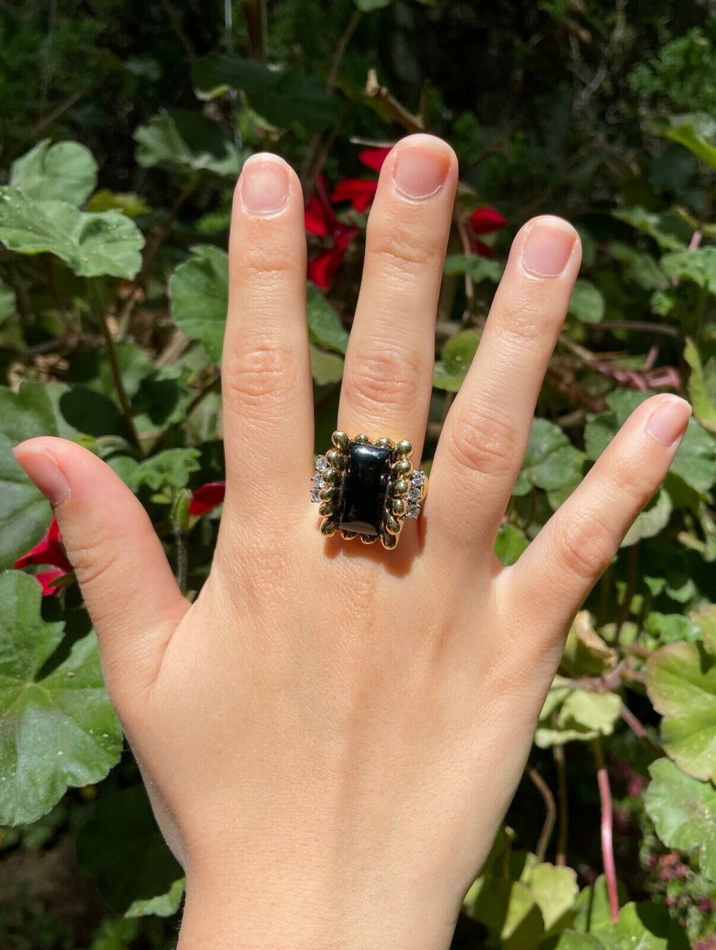 Vintage 18K Yellow Gold Unique Onyx Diamond Statement Ring