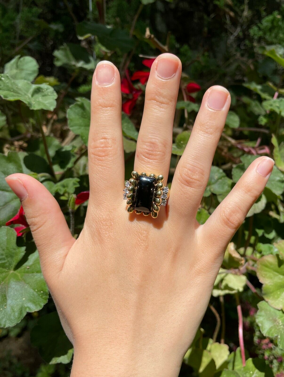 Vintage 18K Yellow Gold Unique Onyx Diamond Statement Ring