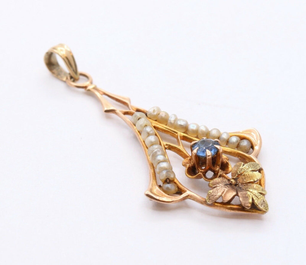 Victorian 10 Rose Gold Blue Sapphire Seed Pearls Pendant