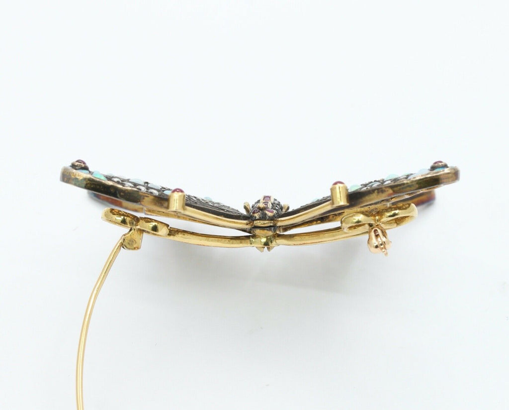 Beautiful Vintage Butterfly Brooch 14K Sterling Silver Diamonds Rubies Opals