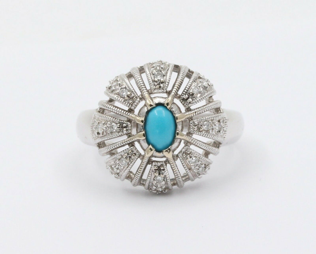 Vintage 14K White Gold Turquoise Diamond Cocktail Ring