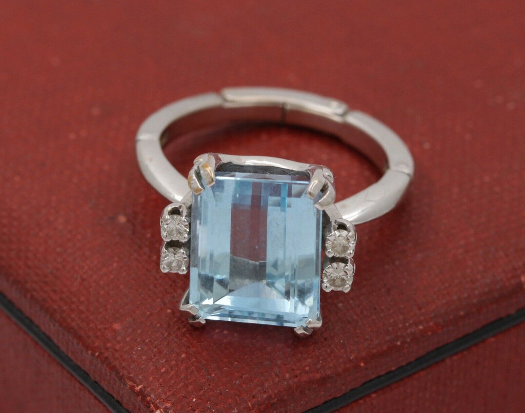 Vintage Natural Aquamarine Diamonds 14K White Gold Expandable Ring
