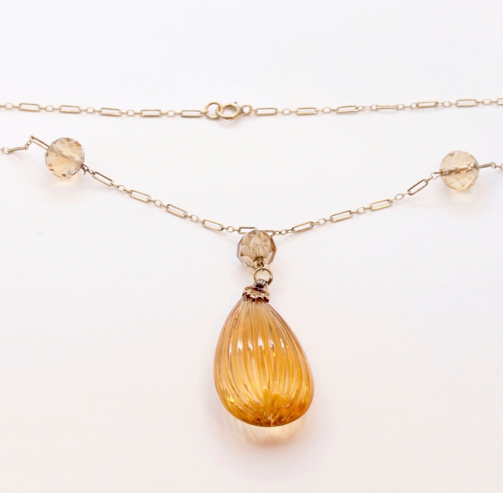 Edwardian Teardrop Citrine 14K Yellow Gold Pendant and Chain