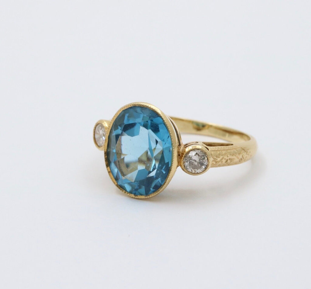 Vintage 14K Yellow Gold London Blue Topaz and Diamond Statement Ring