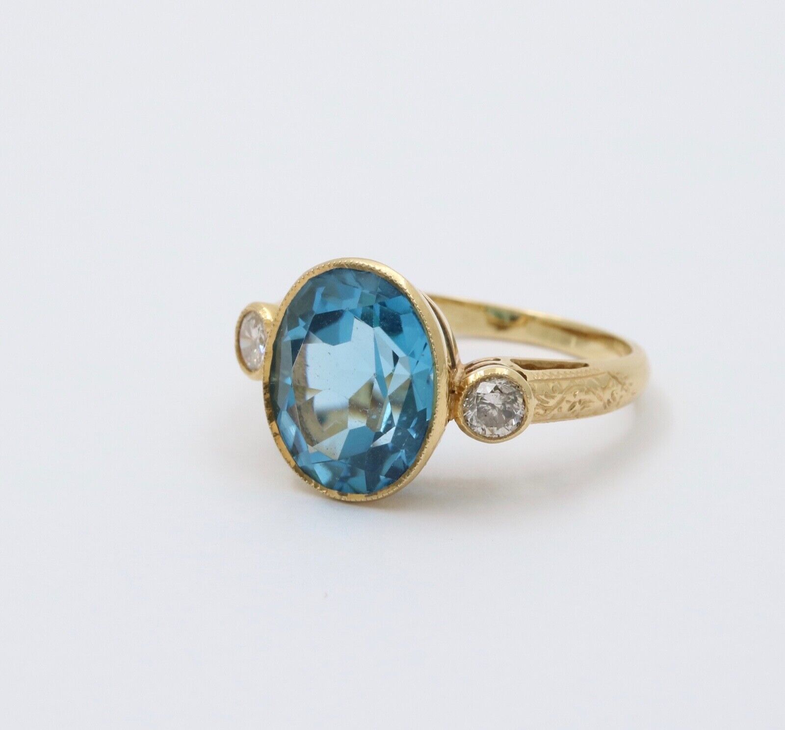 Vintage 14K Yellow Gold London Blue Topaz and Diamond Statement Ring