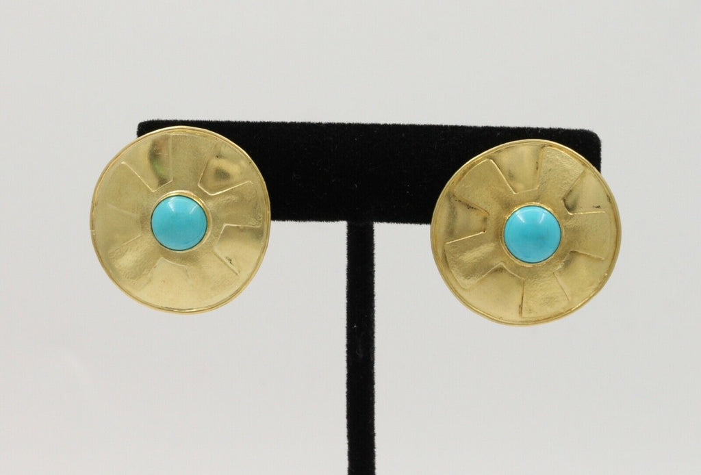 Vintage Natural Turquoise Funky Disk 18K Gold Post Back Earrings