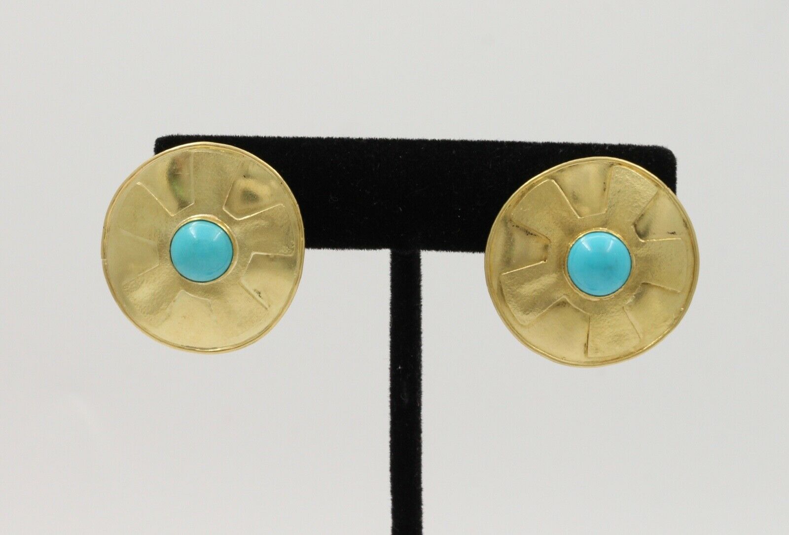 Vintage Natural Turquoise Funky Disk 18K Gold Post Back Earrings