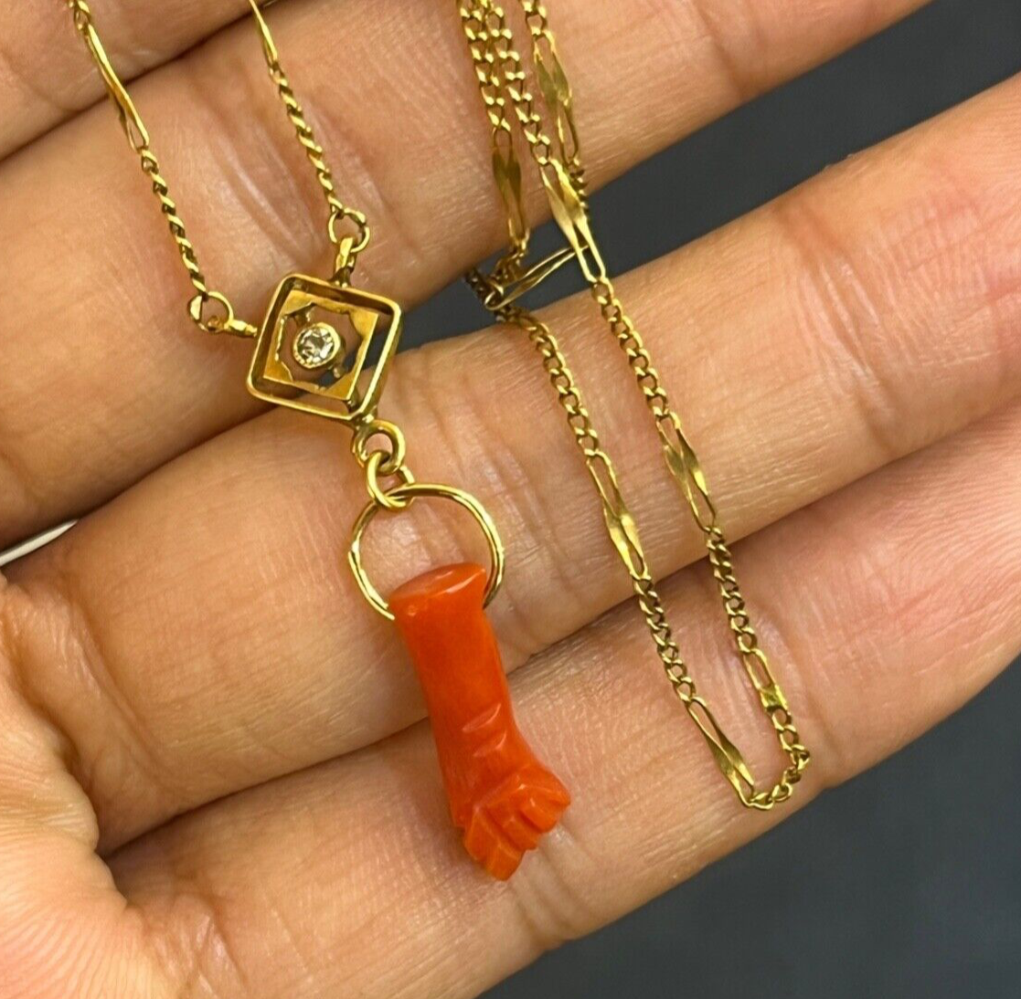 Vintage 14K Gold Diamonds Coral Figa Pendant Necklace