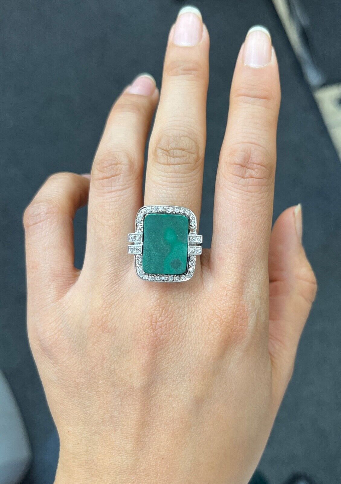 Vintage Aventurine and Diamond 14K White Gold Ring, Statement Ring 12.4 grams