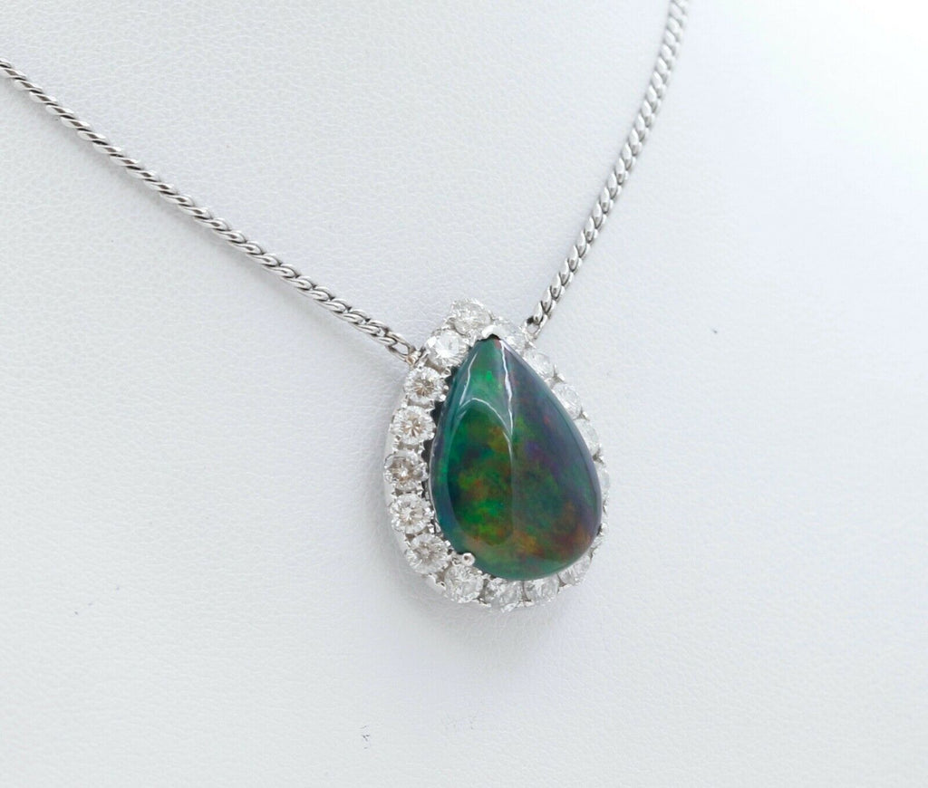 Vintage Opal Diamonds 18K 14K White Gold Pendant Chain