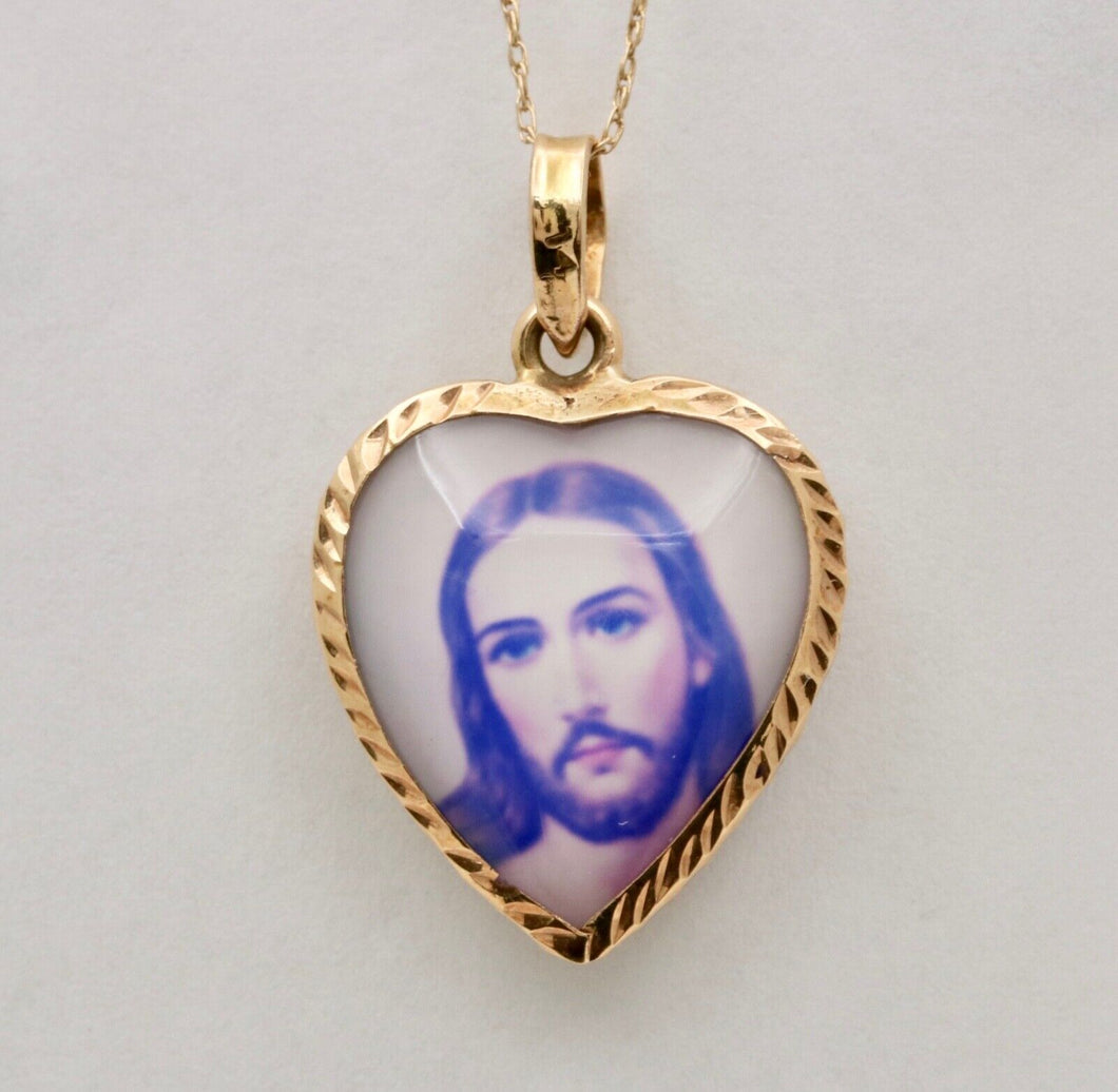 Vintage Jesus Virgin Mary Heart 14K Yellow Gold Pendant Charm