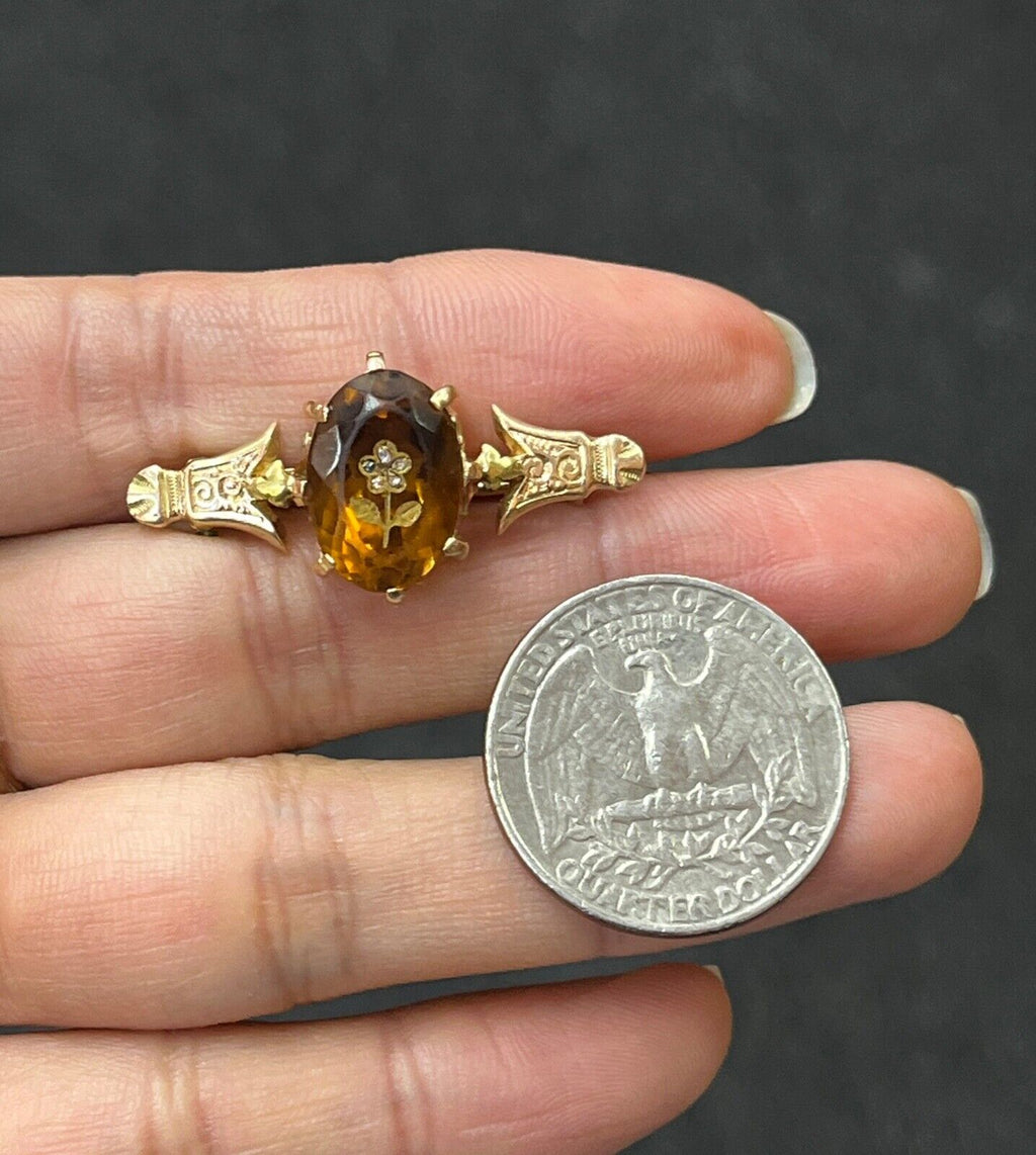 Antique Victorian 14K Yellow Gold Citrine flower Bar Pin.