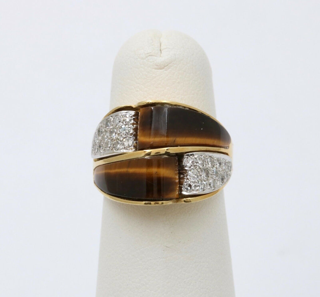 Vintage Italian Tiger's Eye Diamonds 18K Yellow Gold Ring