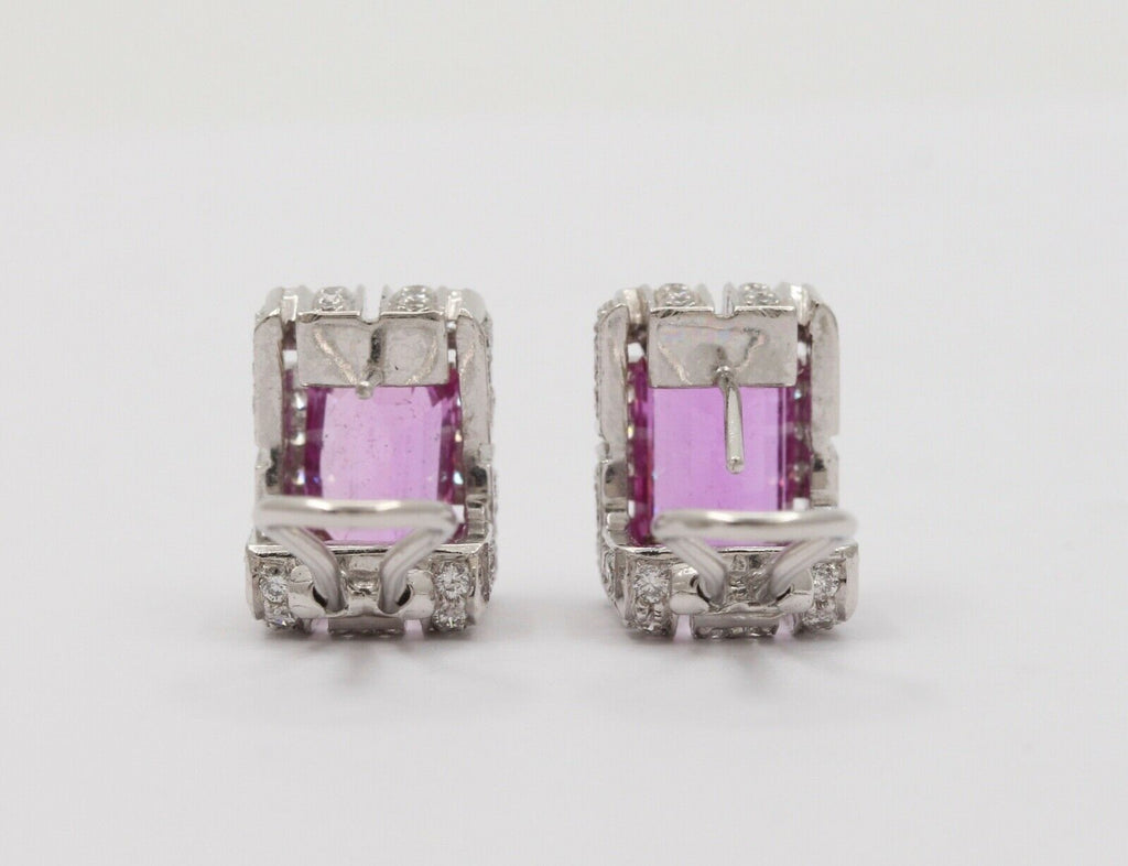 Vintage 18K White Gold Haggis’s Emerald Cut Pink Topaz Diamond Earrings