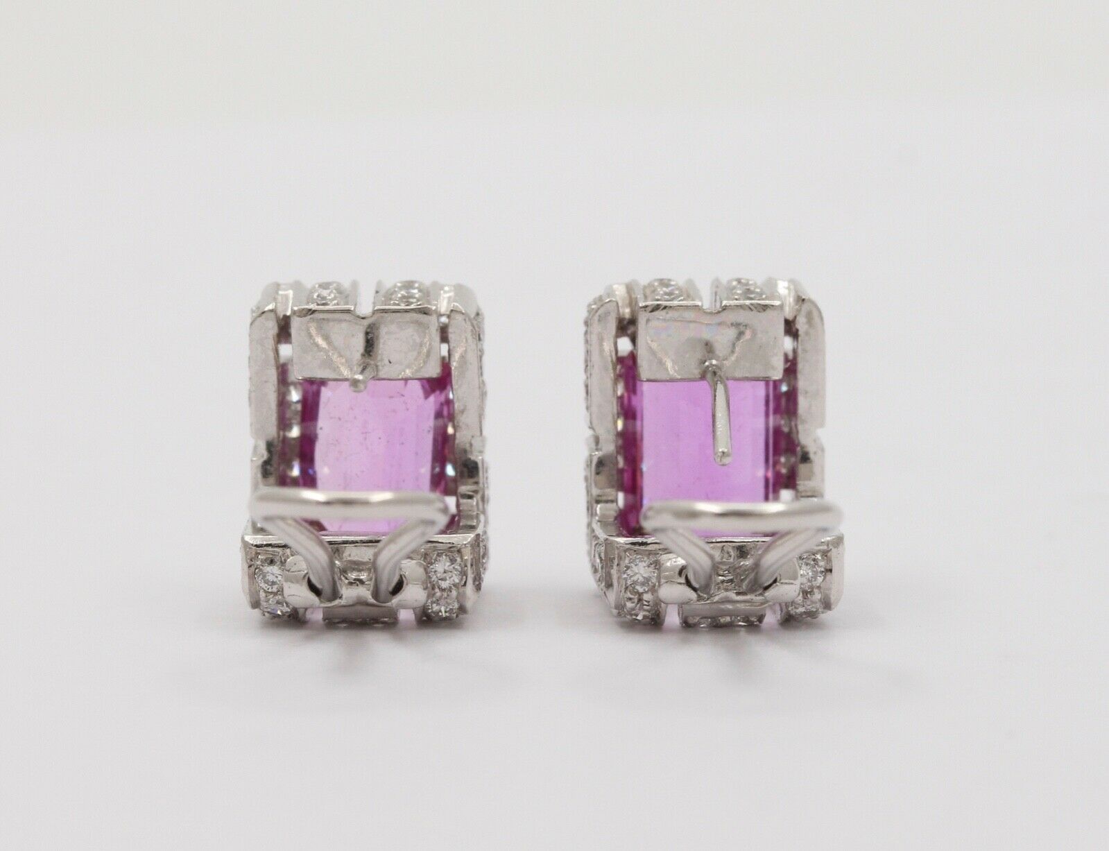 Vintage 18K White Gold Haggis’s Emerald Cut Pink Topaz Diamond Earrings