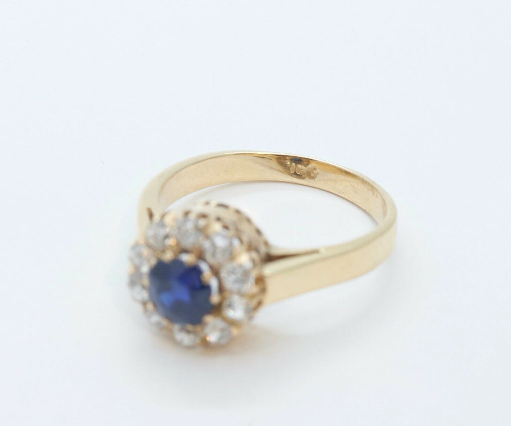 Beautiful Victorian Blue Sapphire Old Miner Cut Diamonds 18K Yellow Gold Ring