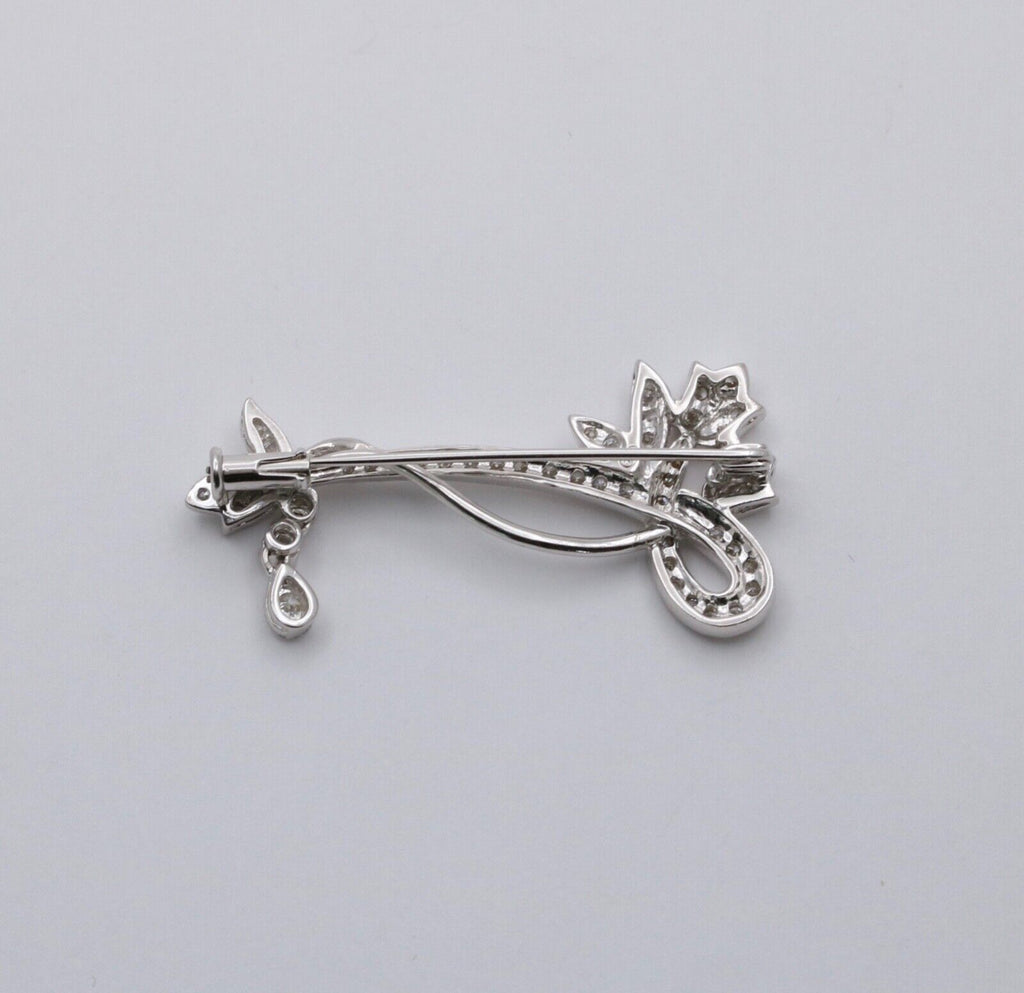Vintage 18K White Gold Flower Diamond Brooch, Pin.