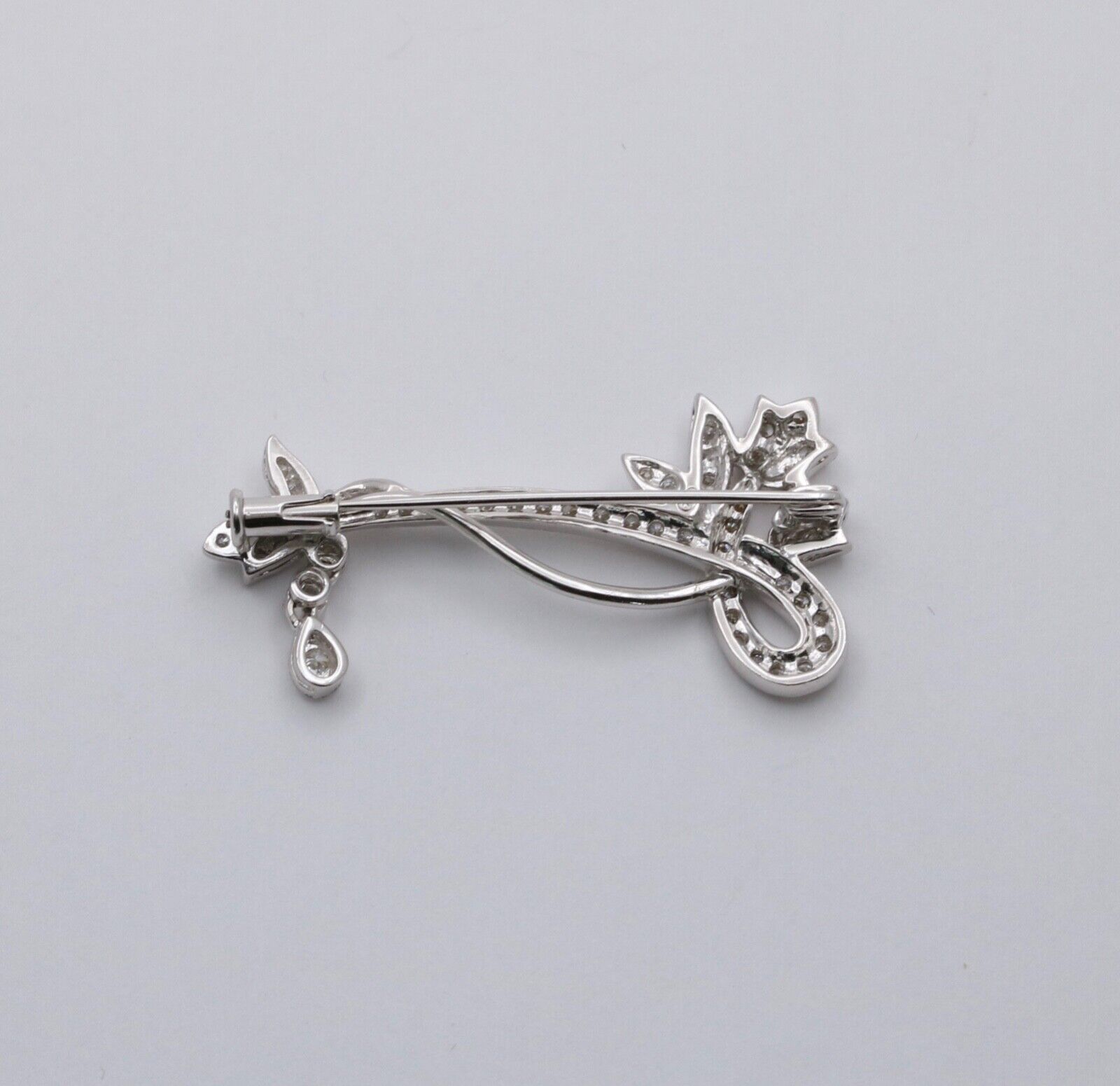 Vintage 18K White Gold Flower Diamond Brooch, Pin.