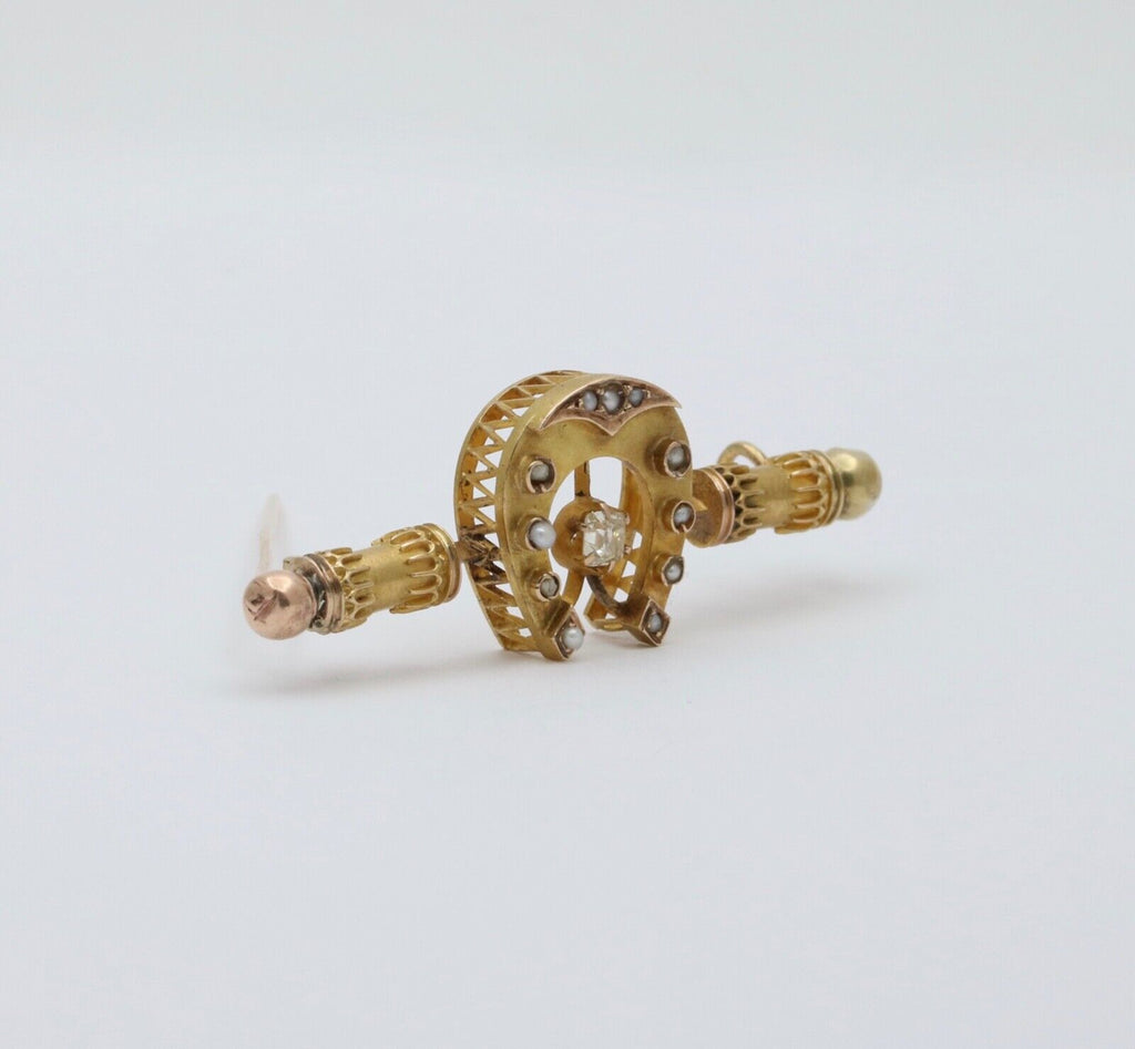 Victorian Era Russian Diamond Seed Pearls 16K Yelllow Gold Brooch Pin