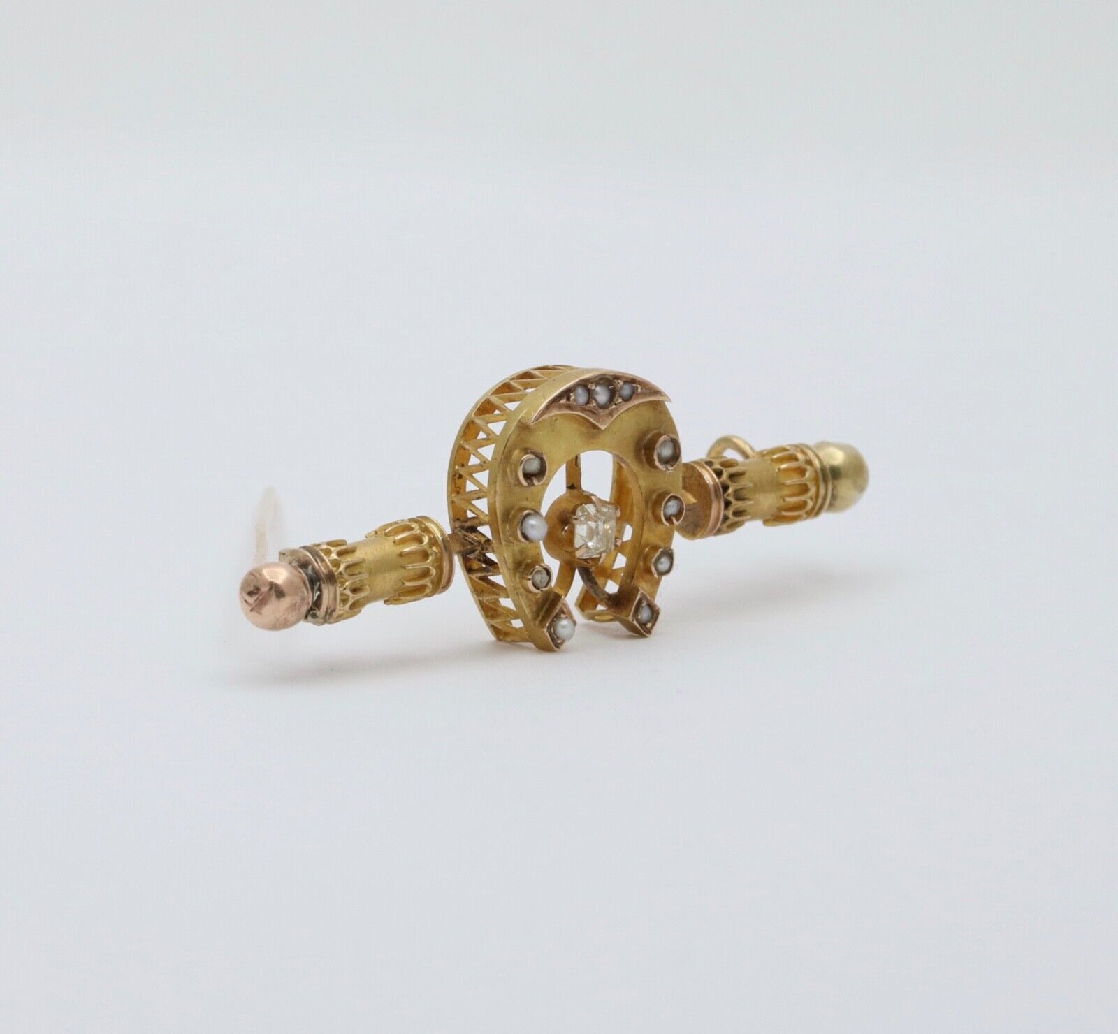 Victorian Era Russian Diamond Seed Pearls 16K Yelllow Gold Brooch Pin