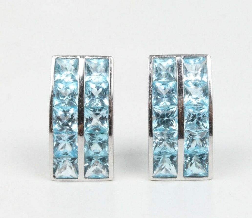 Vintage 18K White Gold Blue Topaz Huggies
