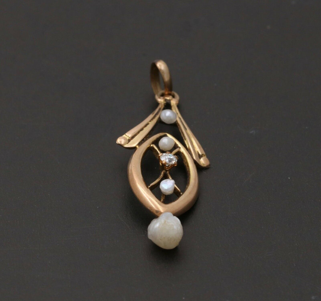 Art Nouveau Diamond Seed Pearls 10K Yellow Gold Pendant