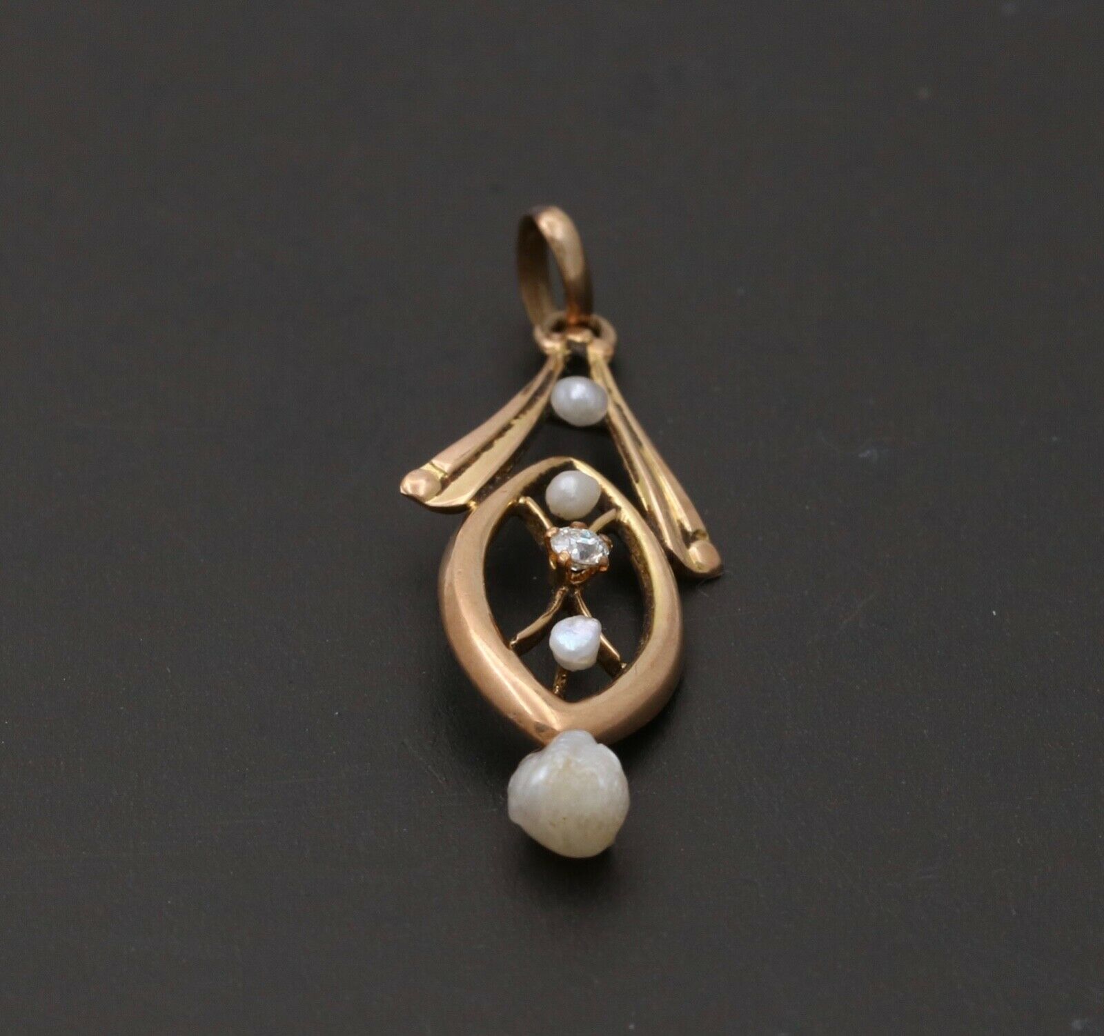 Art Nouveau Diamond Seed Pearls 10K Yellow Gold Pendant