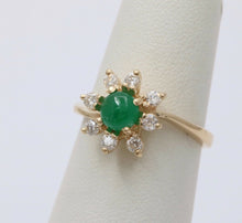 Load image into Gallery viewer, Vintage 14K Yellow Gold Emerald and Diamond Floral Ring, Engagement Ring
