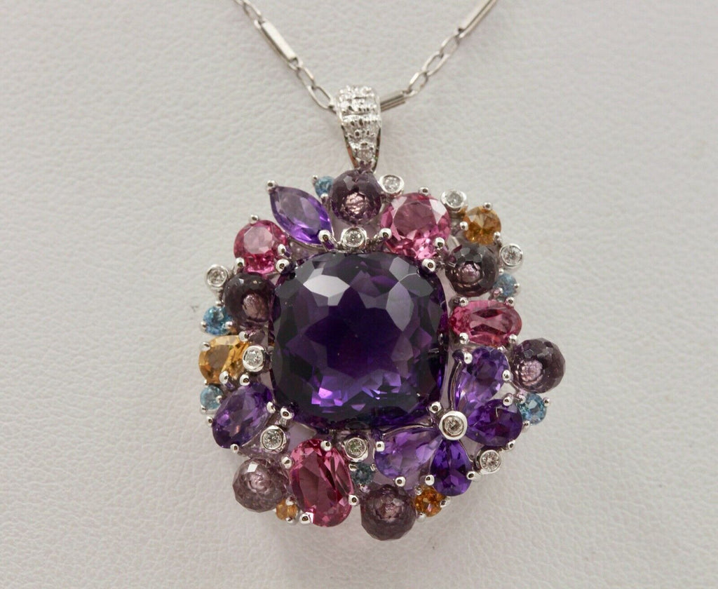 Vintage 18K White Gold Huge Amethyst Quartz Party Necklace