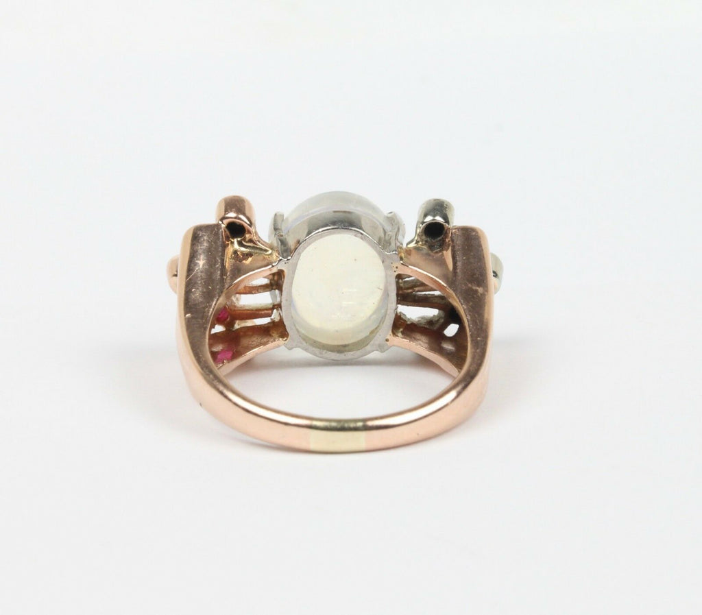 Retro 14K Rose Gold Moonstone Diamond Ruby Ring