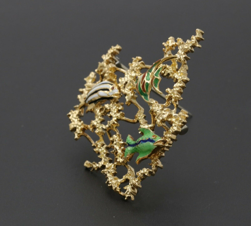 Vintage 18K Yellow Gold Enamel FIsh Brooch Pin Ocean Lover
