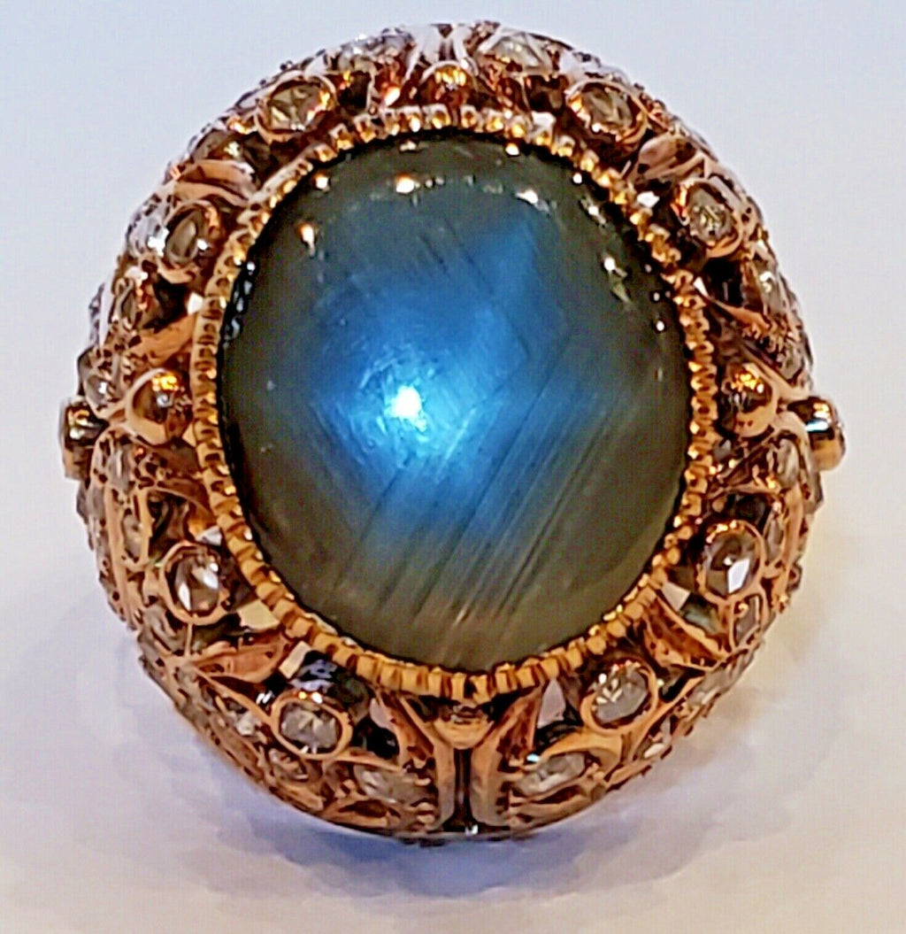 Vintage Black Star Sapphire Rose Cut Diamonds 18K Yellow Gold Ring