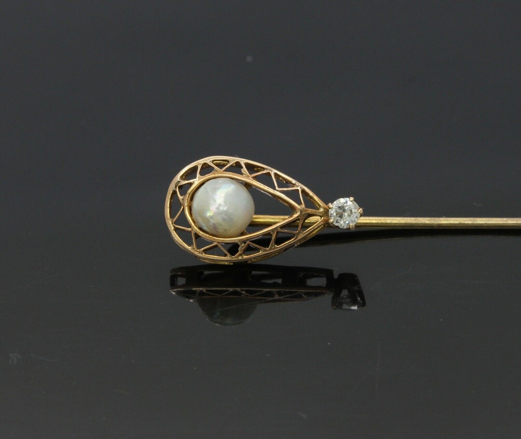 Victorian Ladies 14K Yellow Gold Pearl Diamond Stick Pin