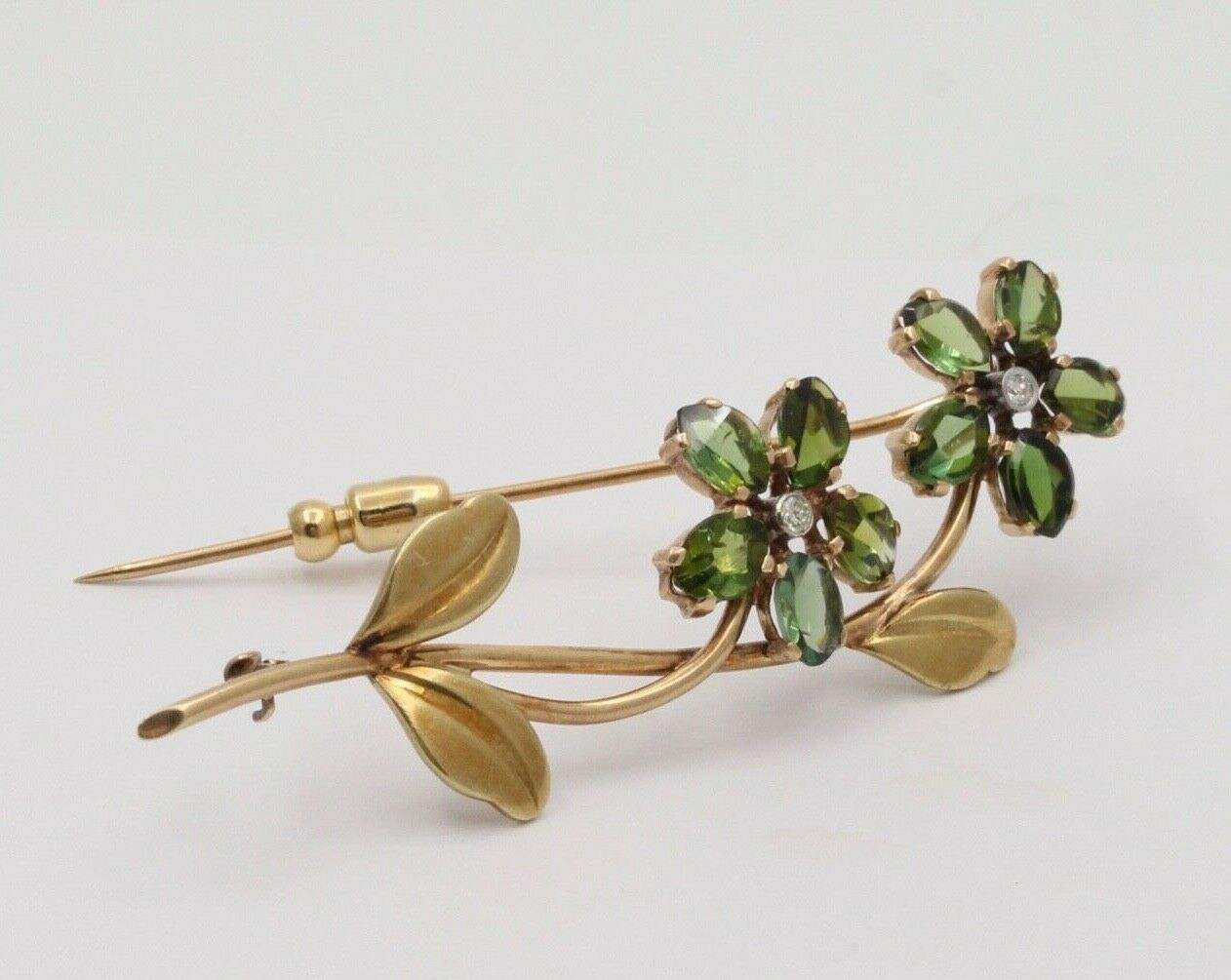 Vintage Green tourmaline Forget Me Not Flower 14K Yellow Gold Brooch Pin, Estate