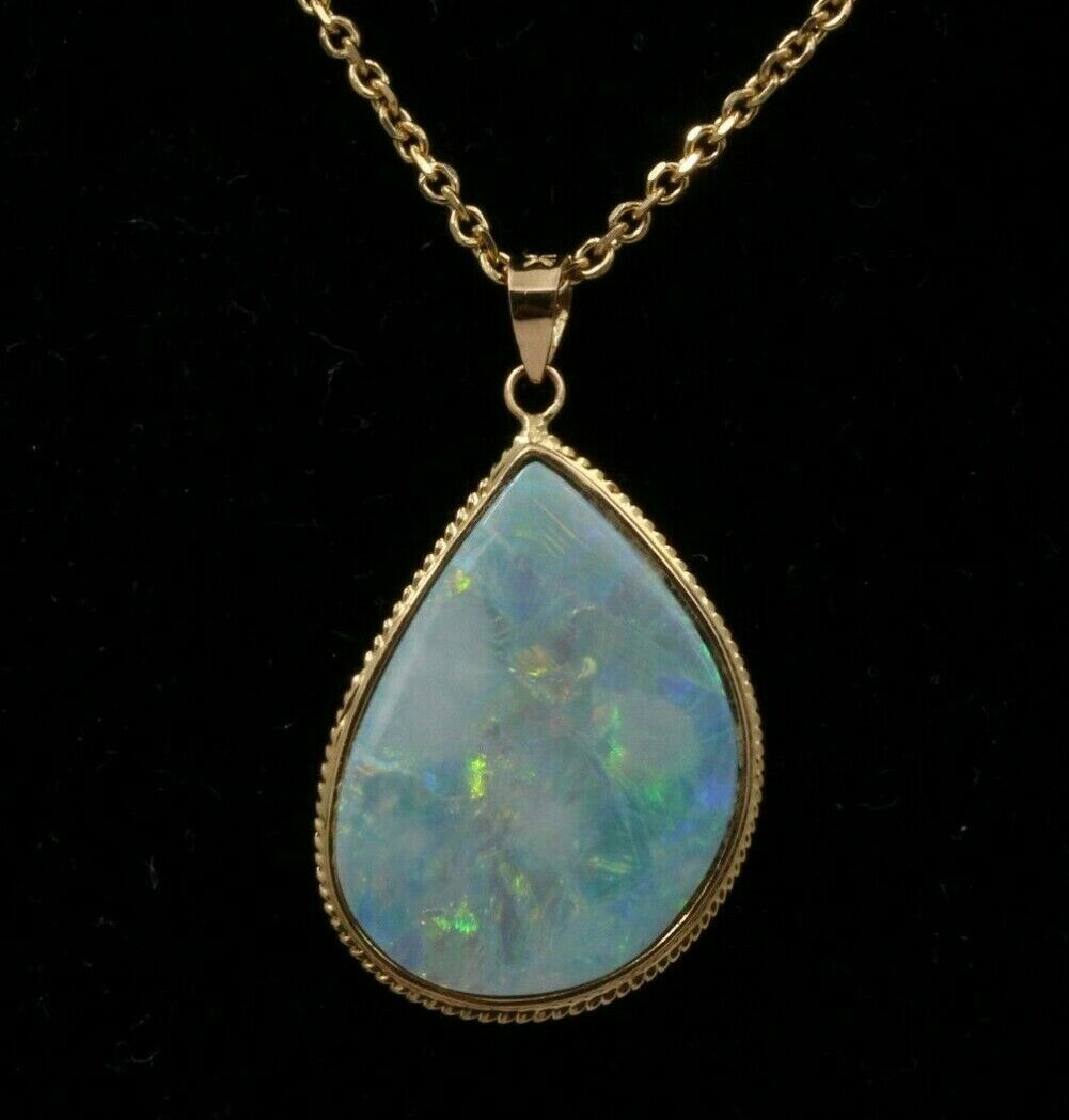 Vintage Drop Shape Boulder Opal 14K Yellow Gold Pendant, Necklace.