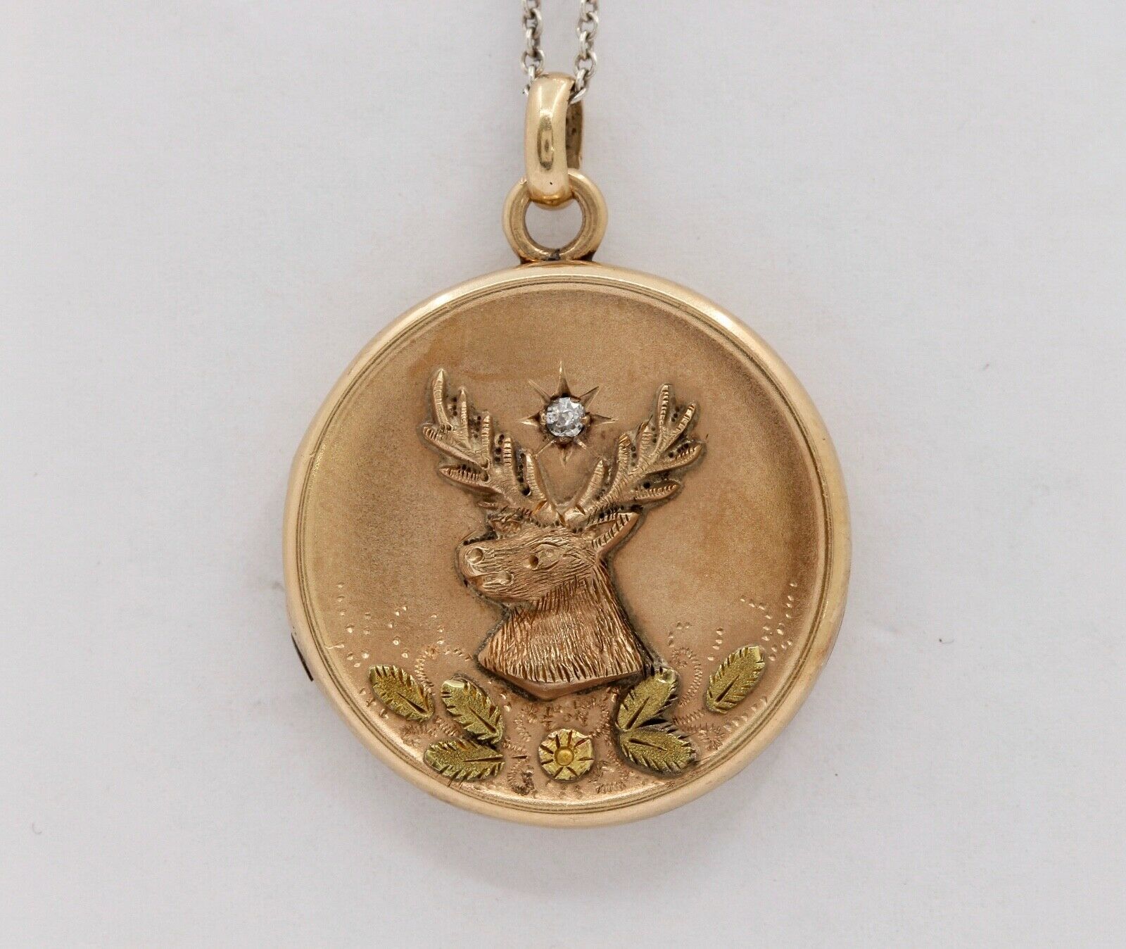 Vintage Locket Pendant Diamond 10K Rose Yellow Gold Elk