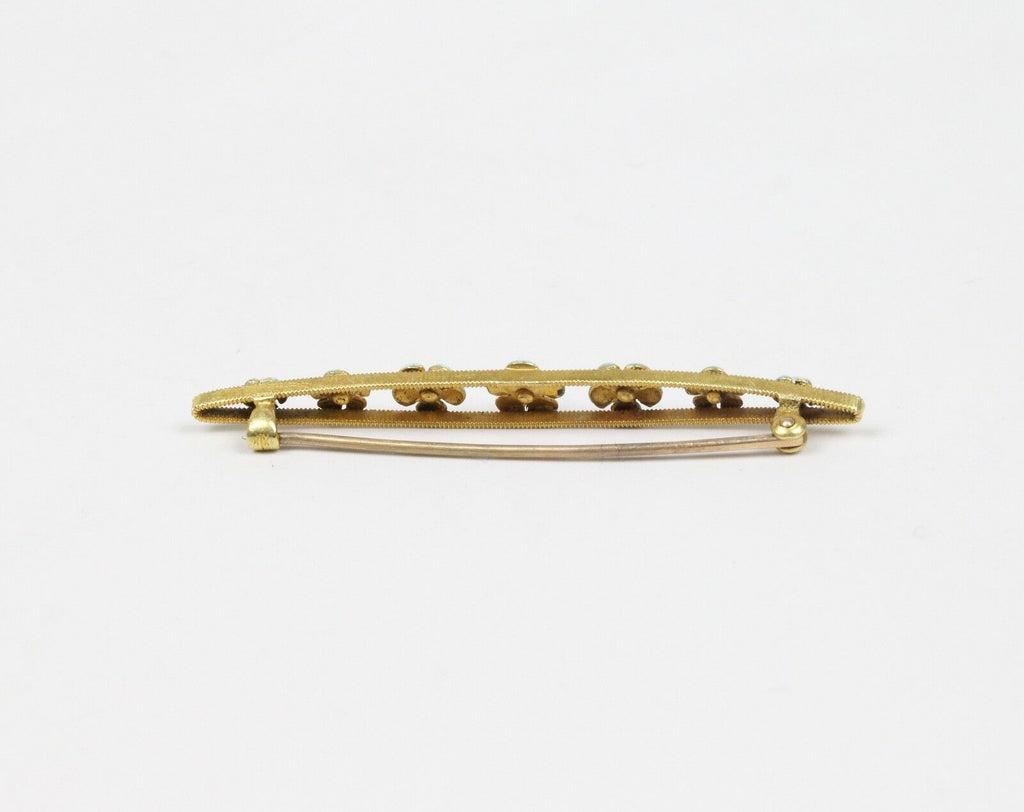 Art Nouveau 14K Yellow Gold Forget Me Not Flower Enamel Bar Pin
