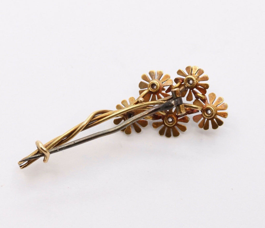 Vintage Diamonds Flowers Enamel 14K Yellow Gold Brooch Pin