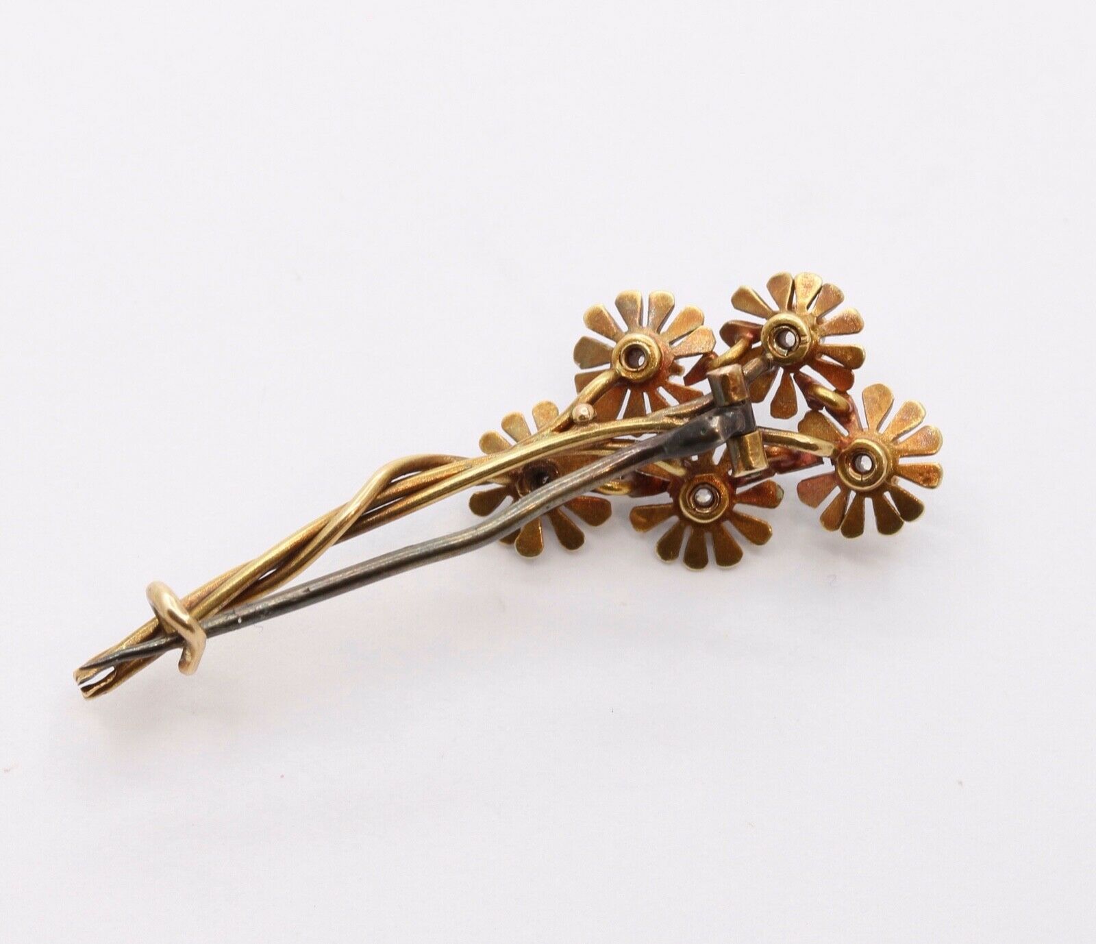 Vintage Diamonds Flowers Enamel 14K Yellow Gold Brooch Pin