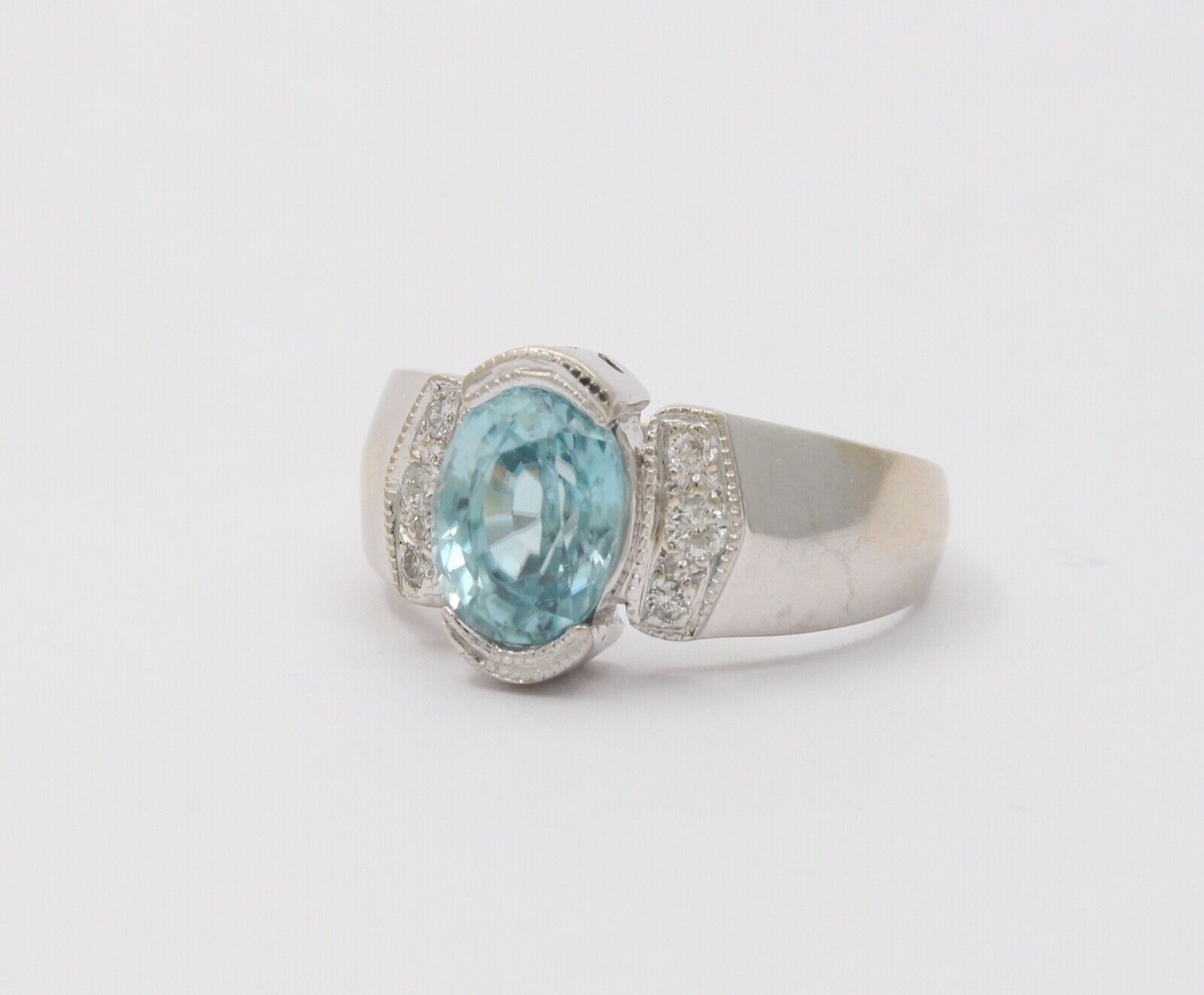 Vintage 14K White Gold Blue Zircon Diamond Ring, Cocktail Ring