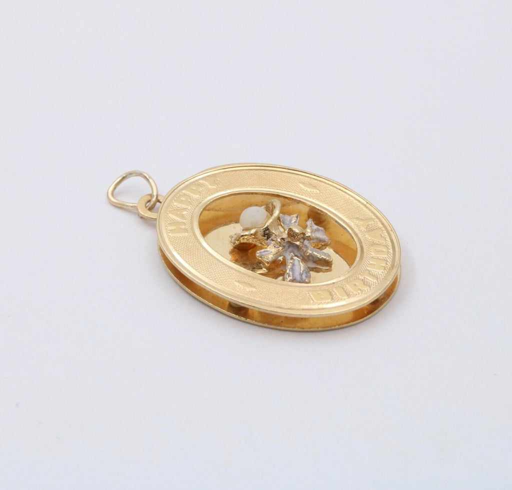 Vintage 14K Gold Pearl “ Happy Birthday” Flower Bouquet Charm Pendant
