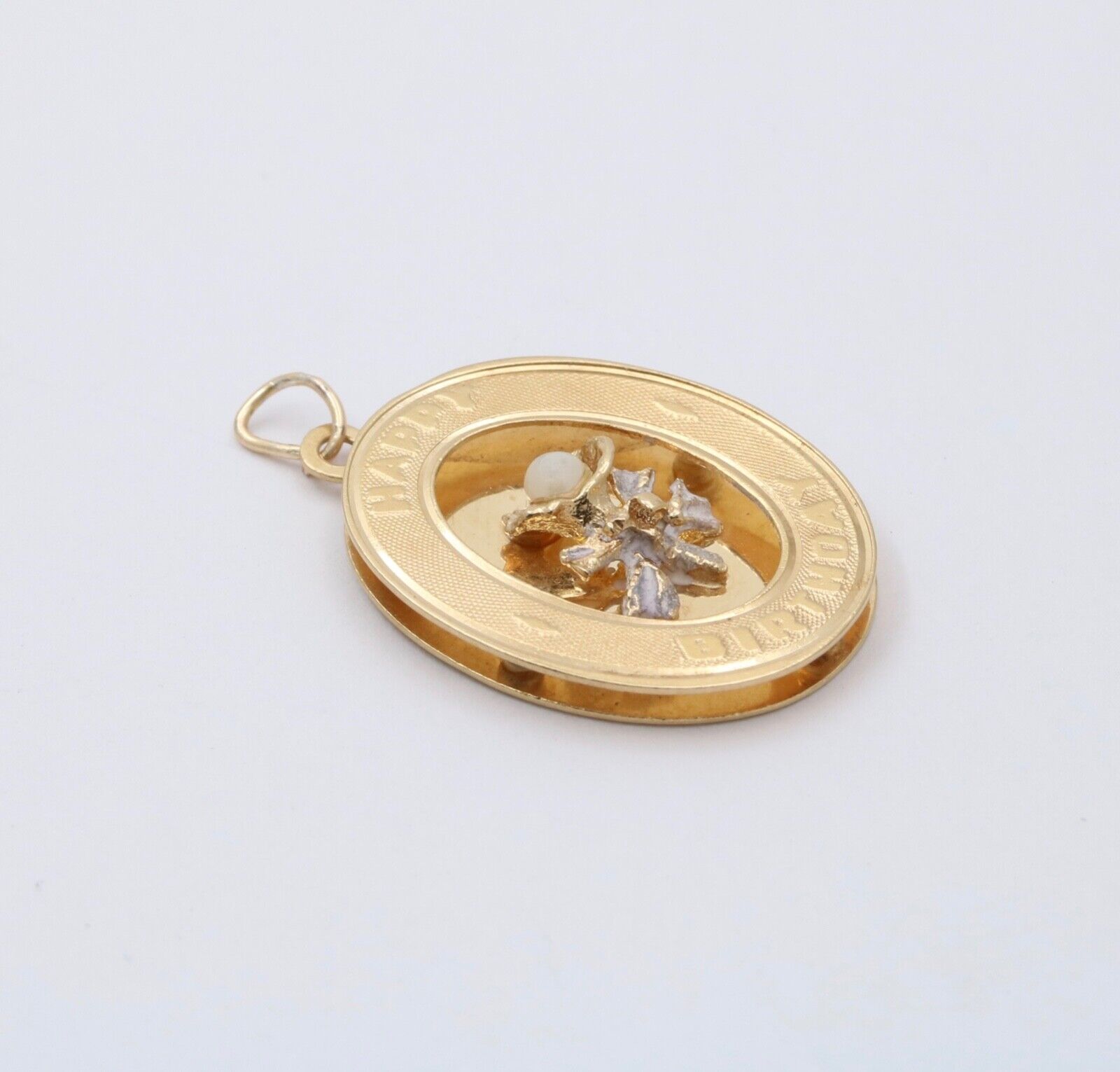 Vintage 14K Gold Pearl “ Happy Birthday” Flower Bouquet Charm Pendant