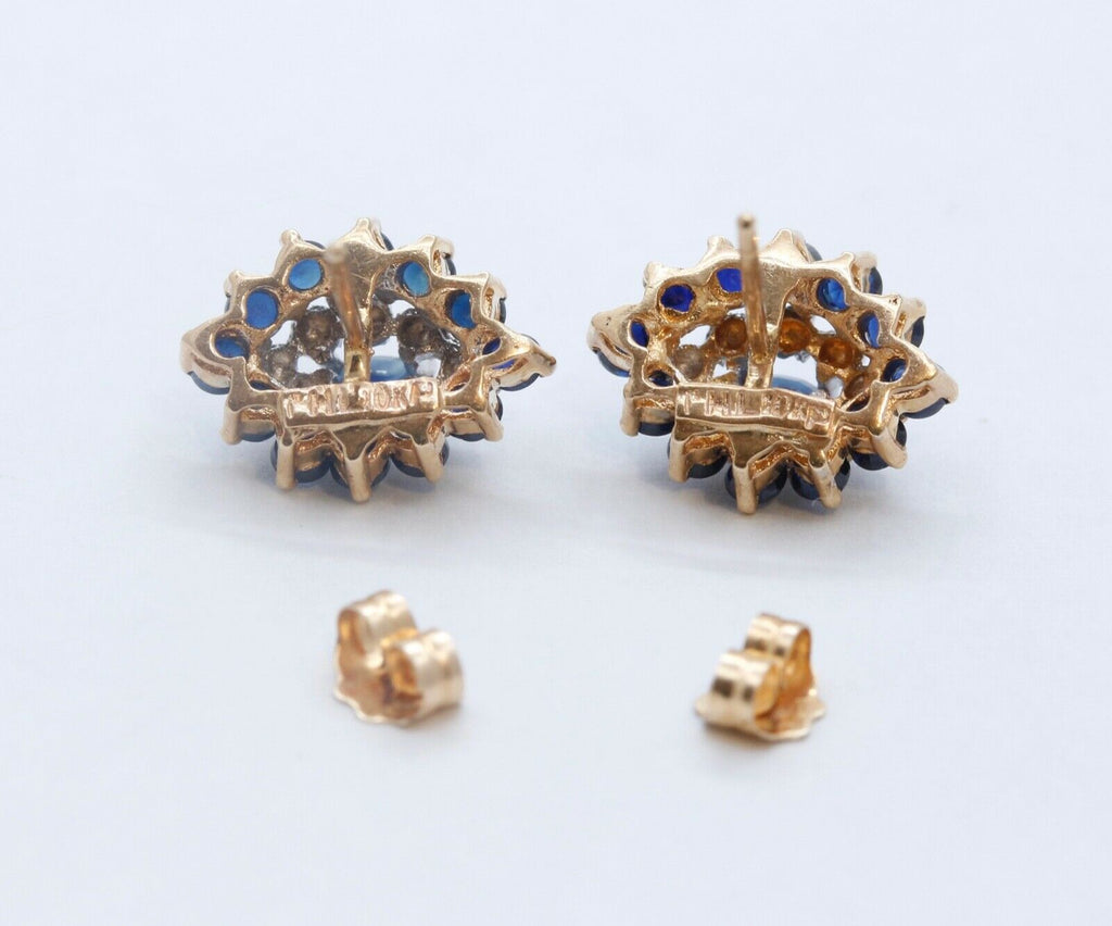 Vintage Ladies Blue Sapphire Diamonds 10K Yellow Gold Cluster Earrings