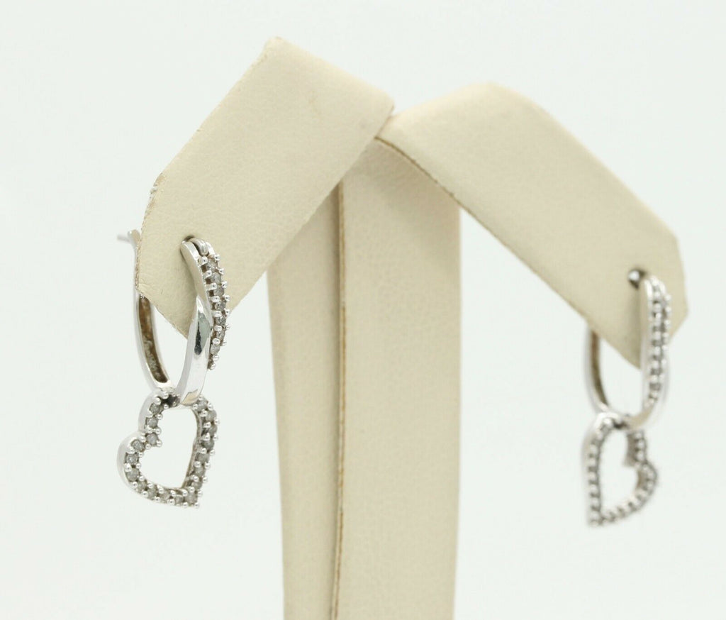 Vintage 10K White Gold Diamond Heart Drop Earrings