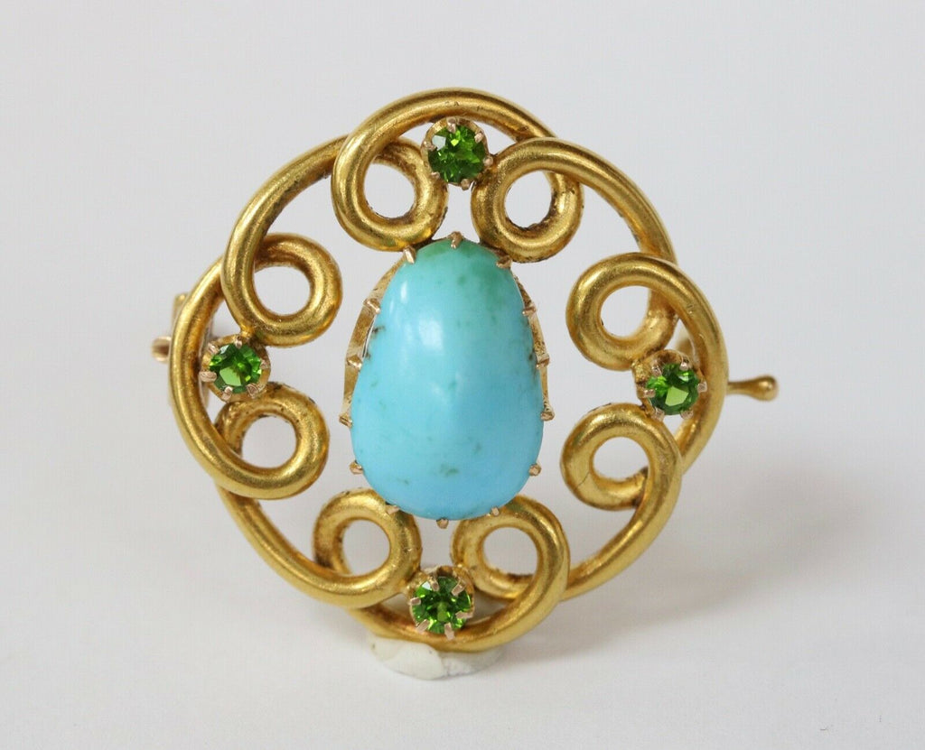 Victorian Russian Turquoise Demantoid Garnet 18K Yellow Gold Brooch Pin